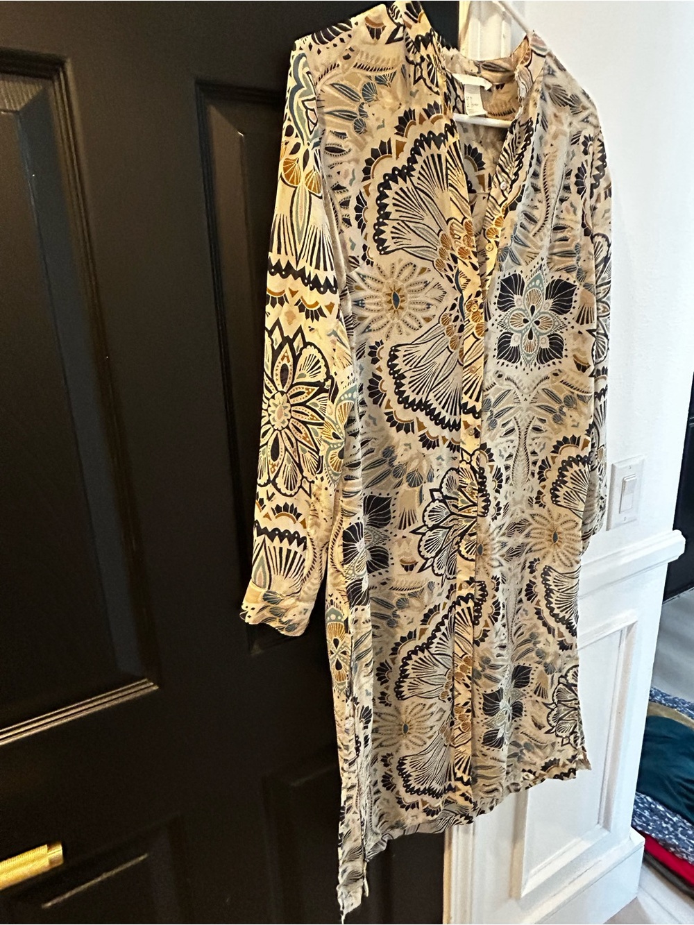 H&M Cream and Navy Floral Long-Sleeve Shirt Dress